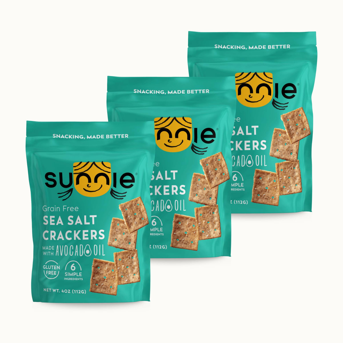 Sunnie gluten free crackers sea salt close-up ready for snacking