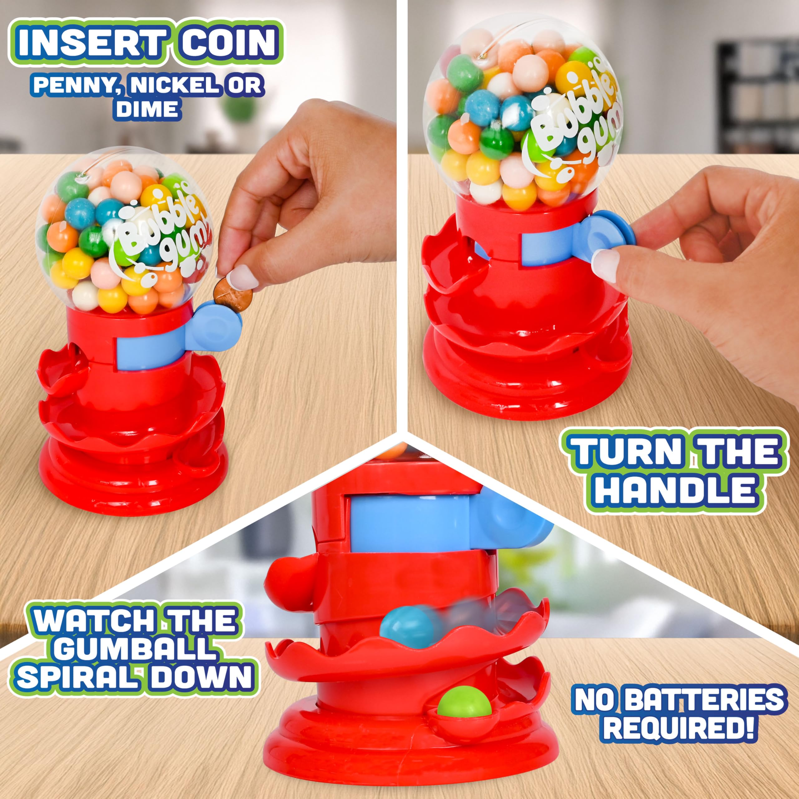 Toymendous gumball-dispensing action demonstrates simple, kid-friendly mechanics and delight.