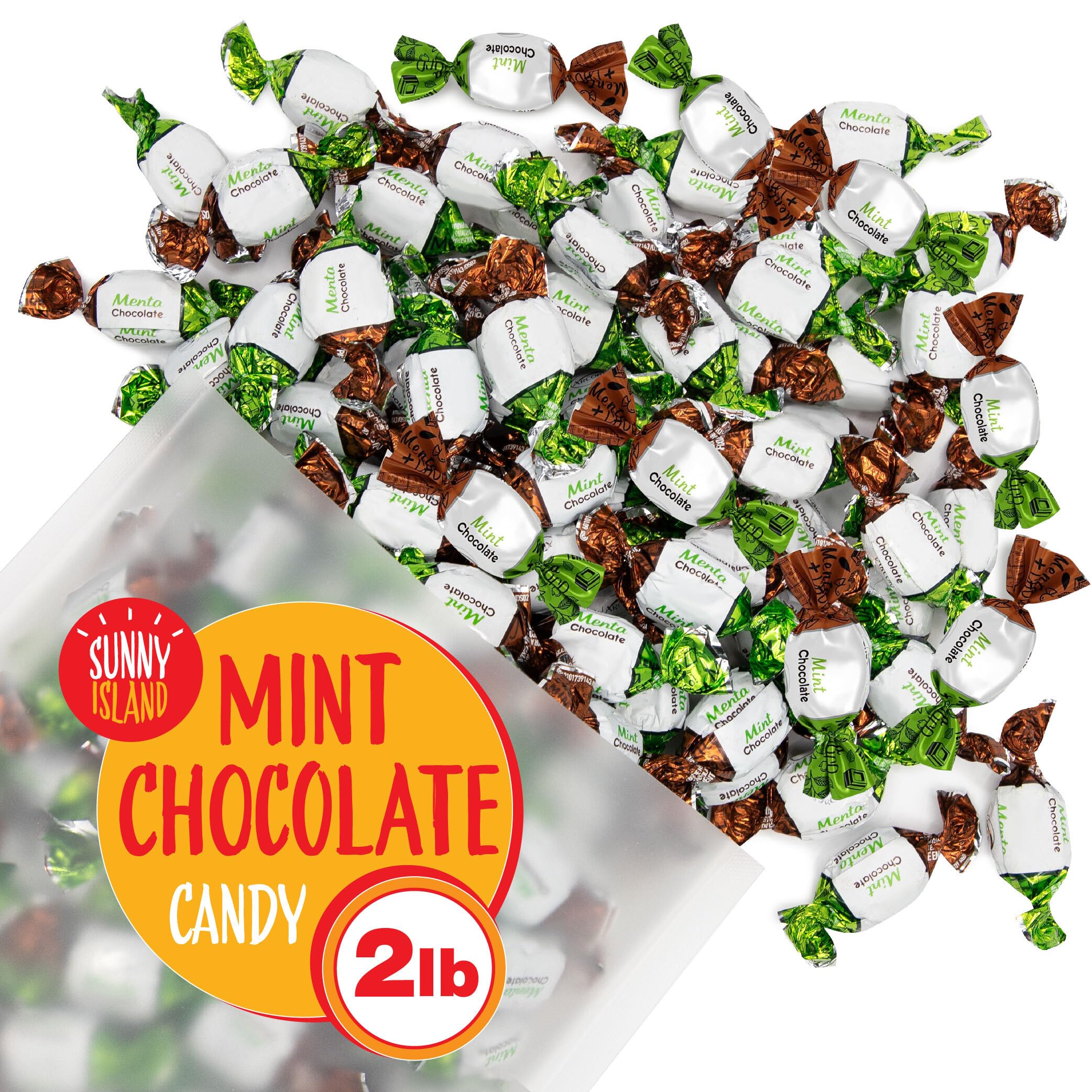 Sunny Island Arcor Chocolate Filled Mints candy outer shell closeup, refreshing crunch.