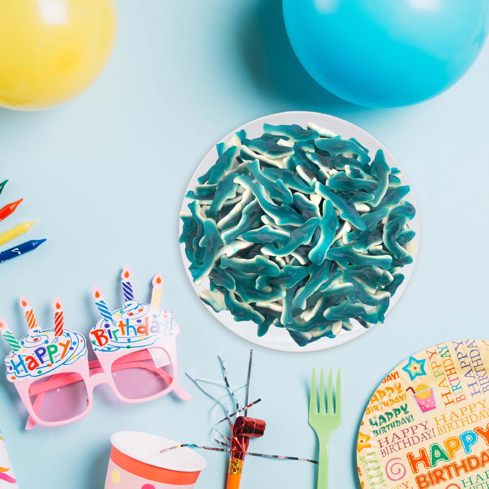 Sunny Island Blue Sharks candy party table accent for birthdays