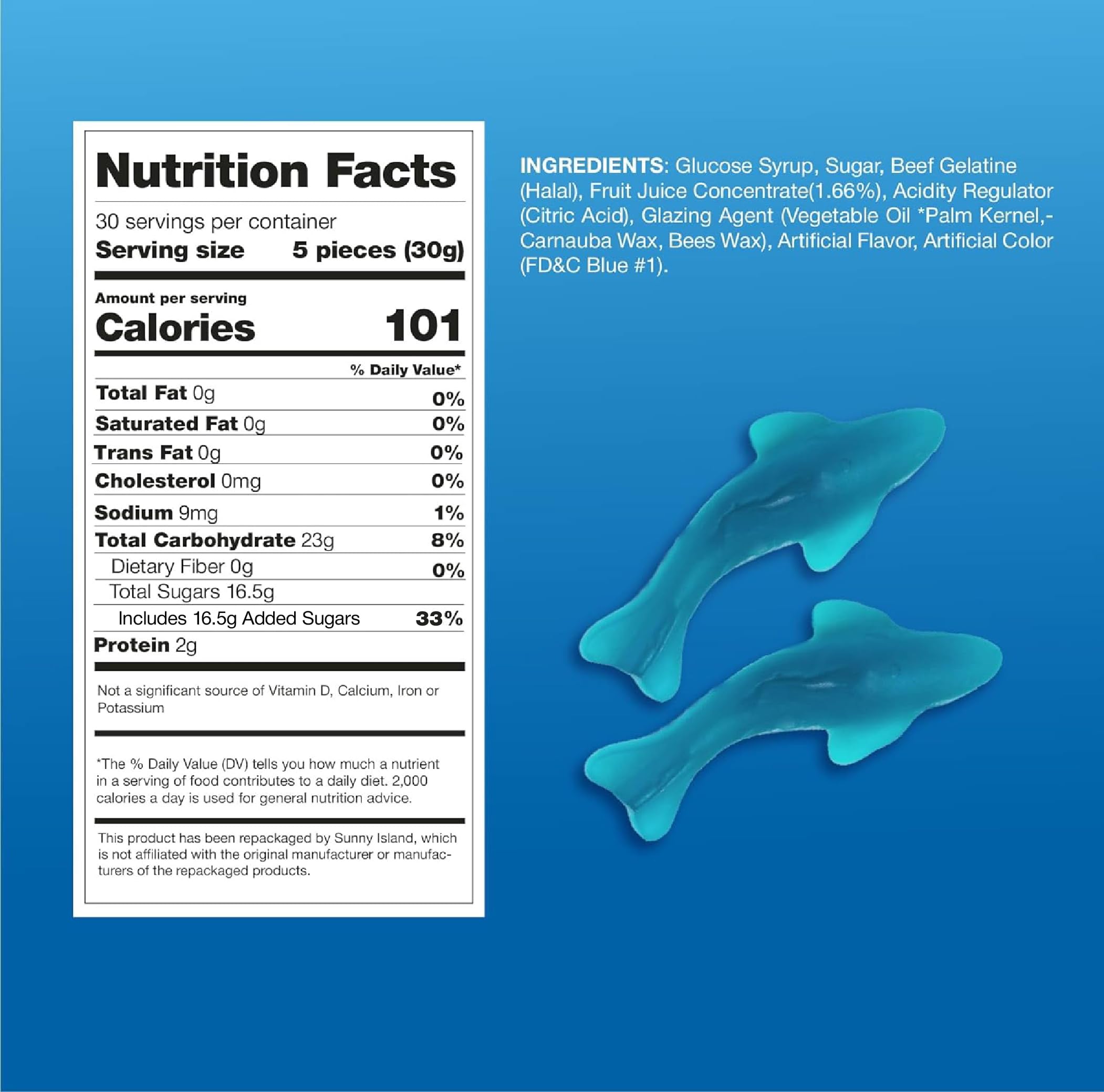Sunny Island Blue Sharks Gummy top-bottom flavors highlighted; blue raspberry and marshmallow offer playful bite.