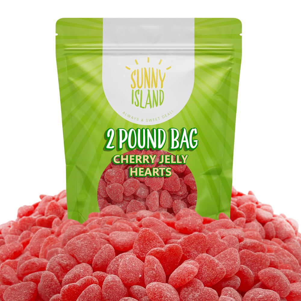 Sunny Island Candy Hearts cherry bowl display, vibrant color boosts festive snacking.