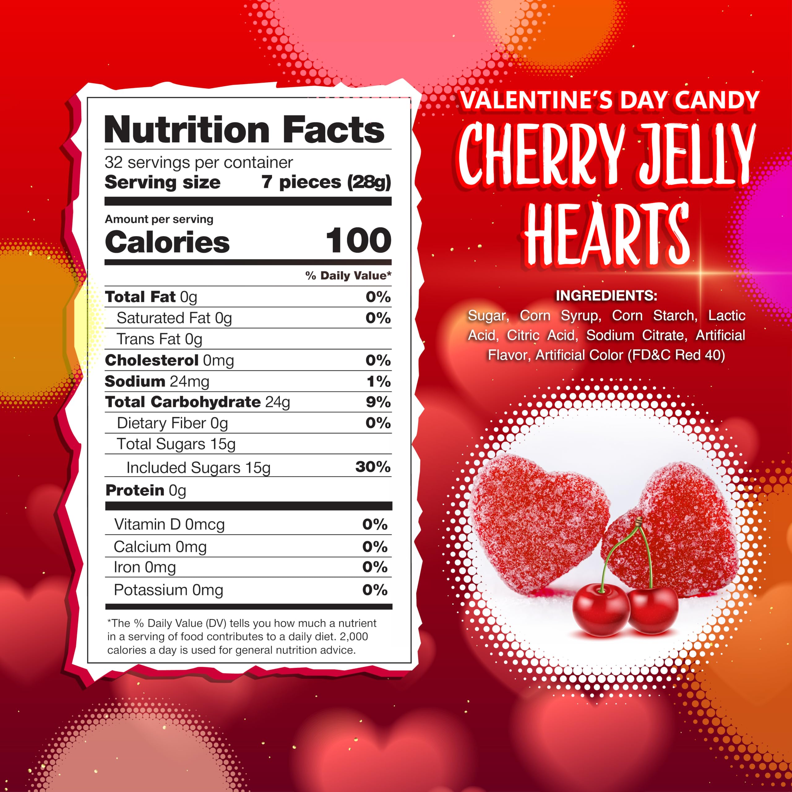 Sunny Island Candy Hearts cherry closeup, glossy texture enhances party snack displays.