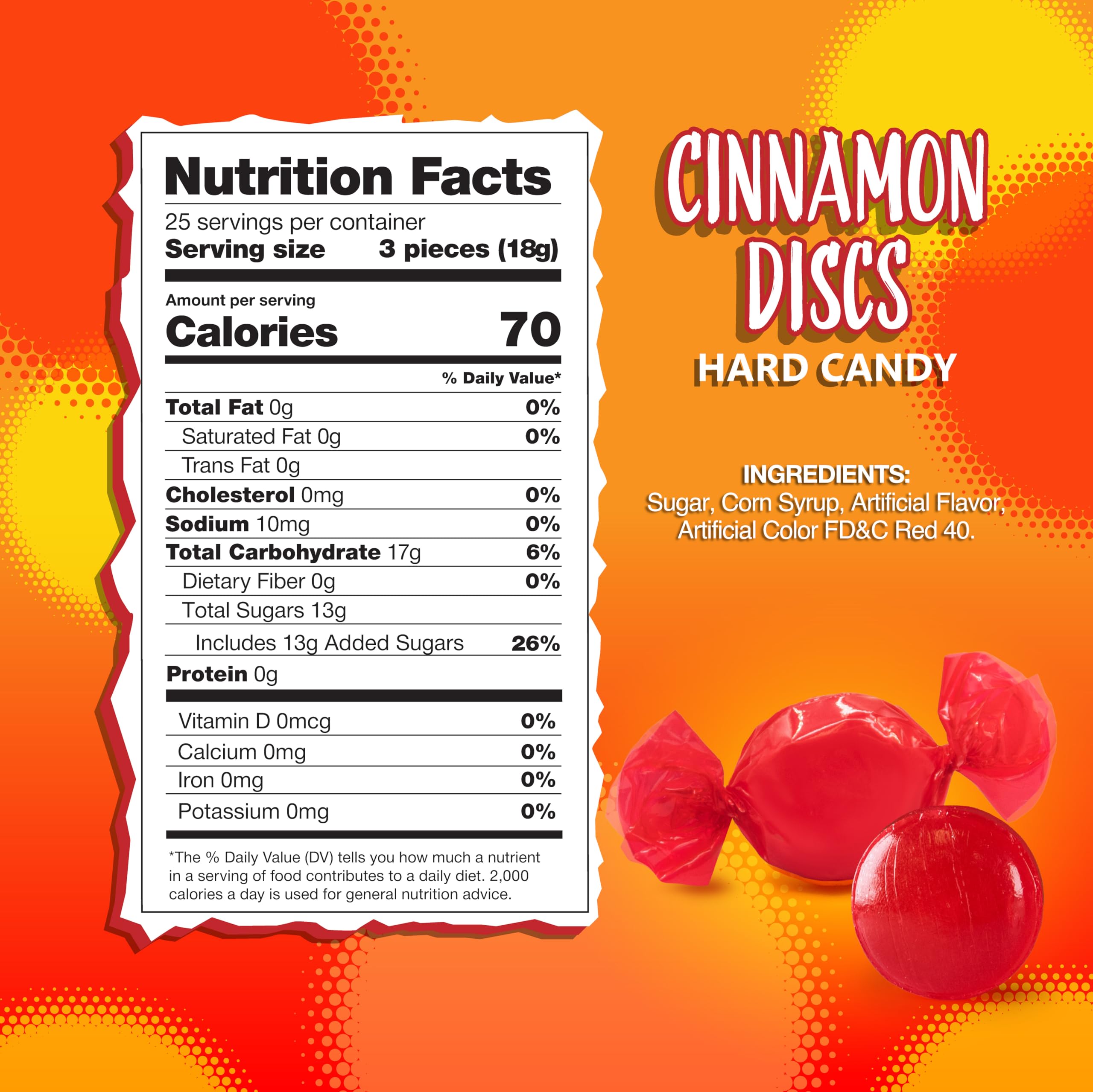 Sunny Island Cinnamon Discs wrap close-up shows individually wrapped candies for on-the-go snacking.