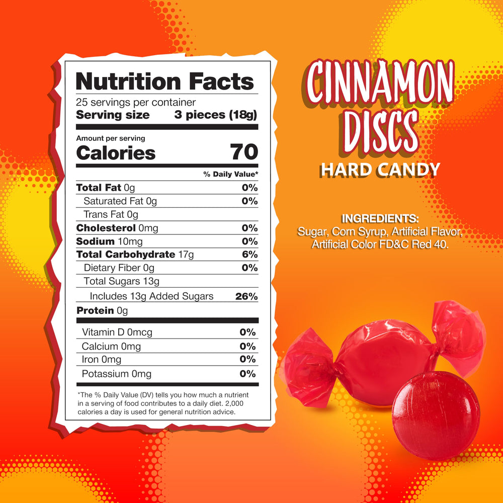 Sunny Island Cinnamon Discs wrap close-up shows individually wrapped candies for on-the-go snacking.