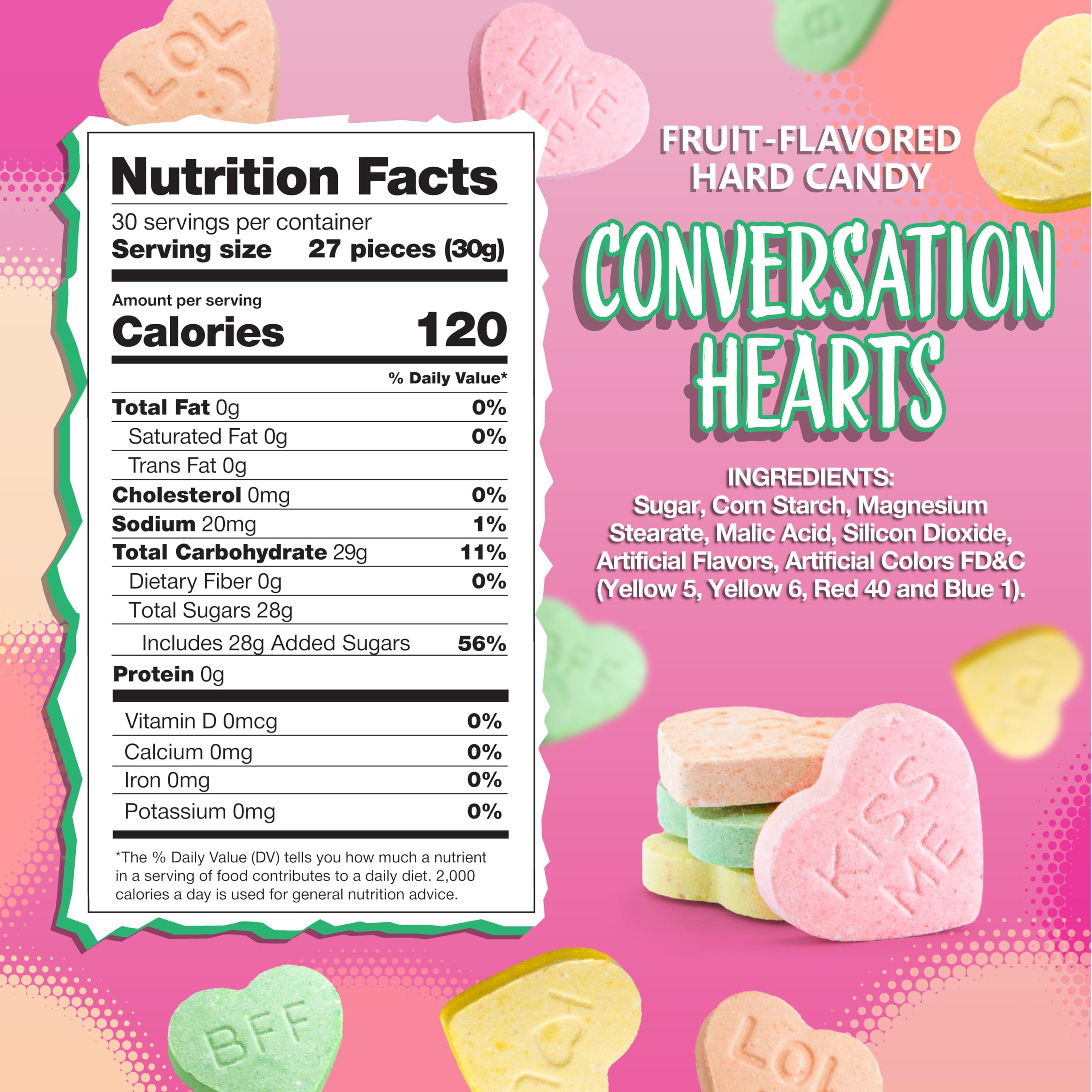 Sunny Island Conversation Hearts flavors closeup with Lemon, Strawberry, Orange, Cherry, and Lime