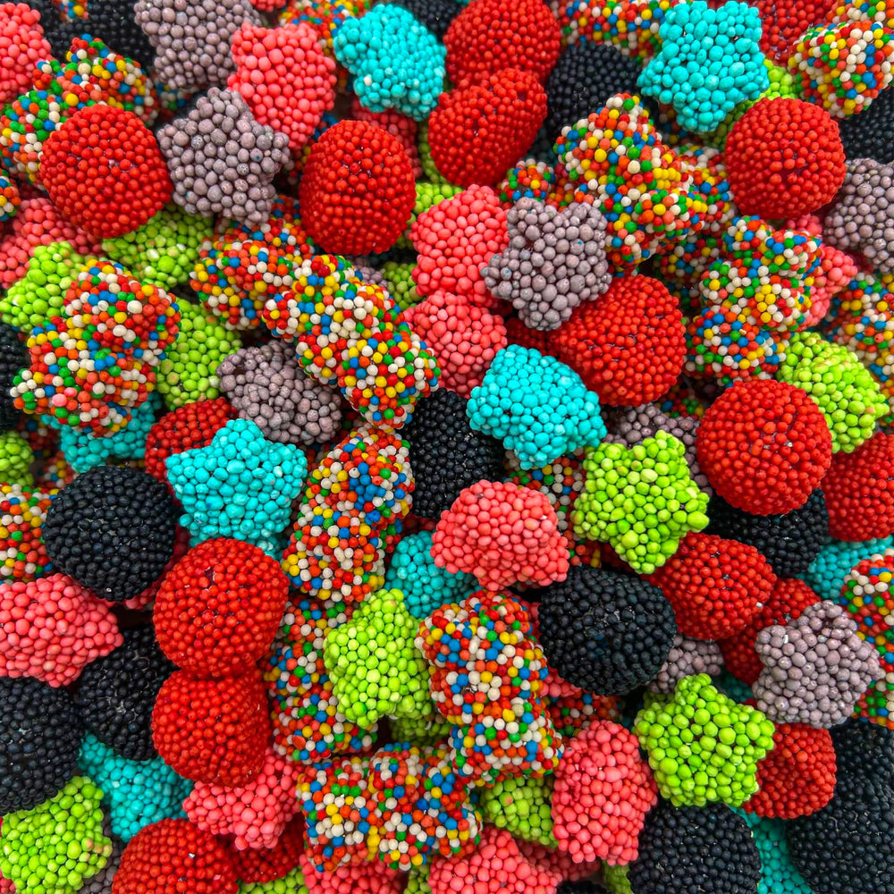 Sunny Island Crunchy Gummy Candy Mix with rainbow nonpareil bears for festive snacking