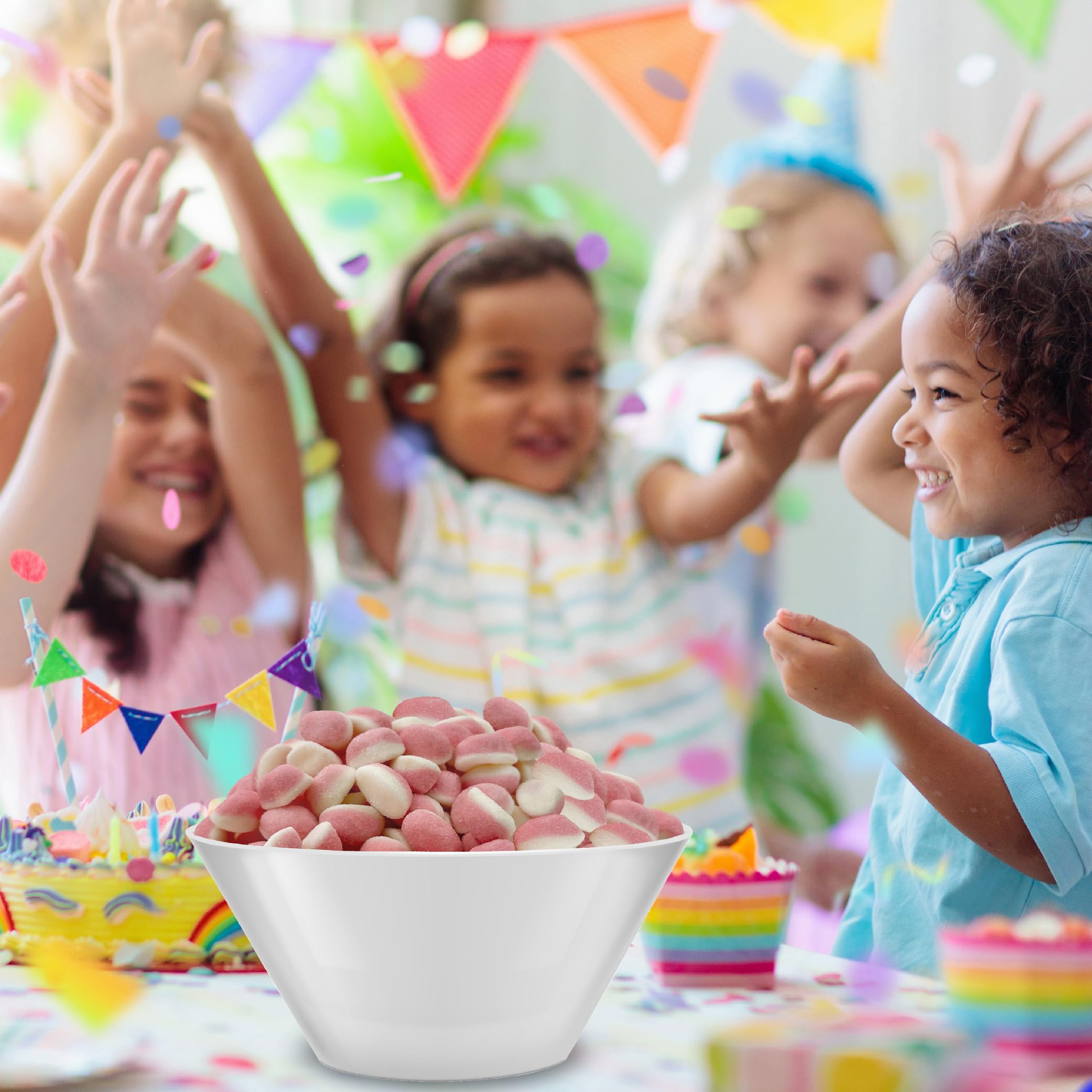 Sunny Island Easter candy table with soft pink strawberry gummies.