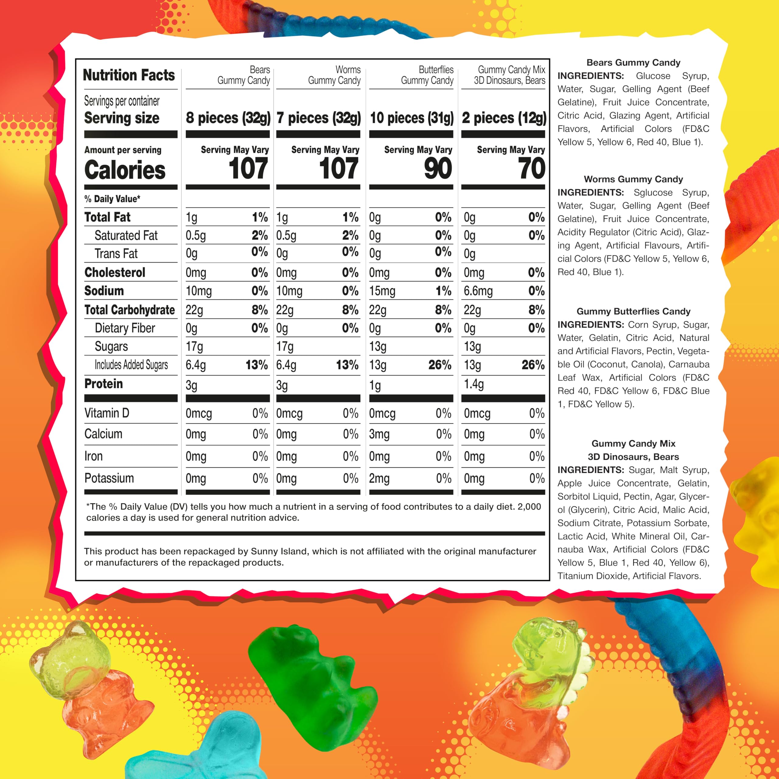 Sunny Island gummy worms deliver wriggly texture and tangy fruit notes for snack time.