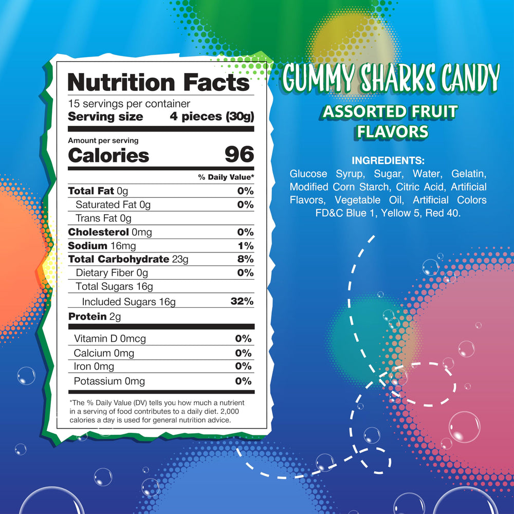 Sunny Island Gummy Sharks close-up, chewy fruit flavors in vibrant shapes.