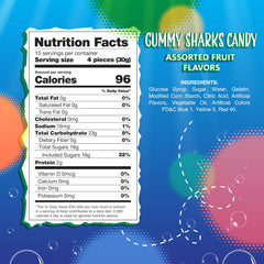 Sunny Island Gummy Sharks close-up, chewy fruit flavors in vibrant shapes.