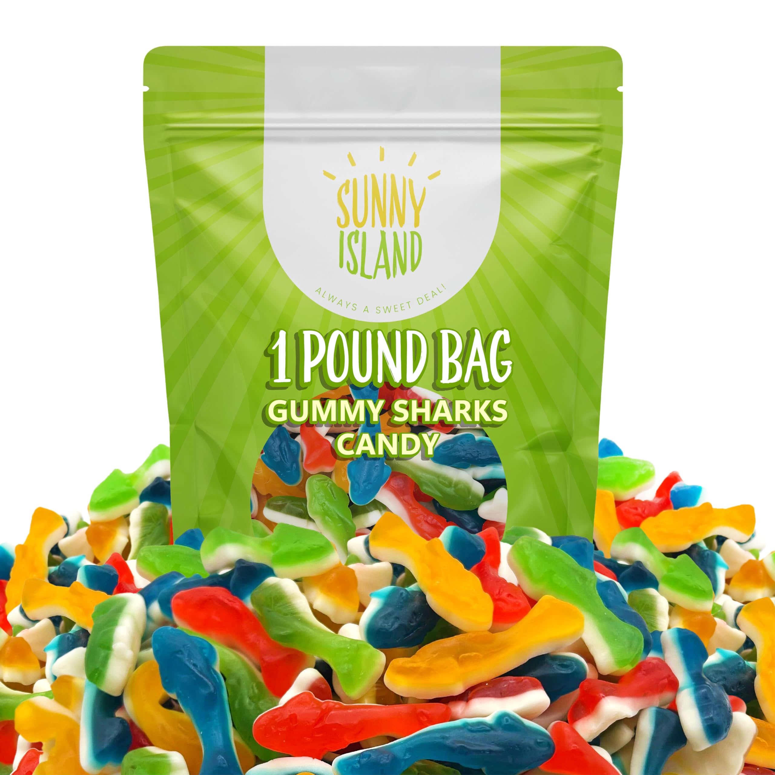 Sunny Island Gummy Sharks assorted flavors, perfect for dessert toppers.