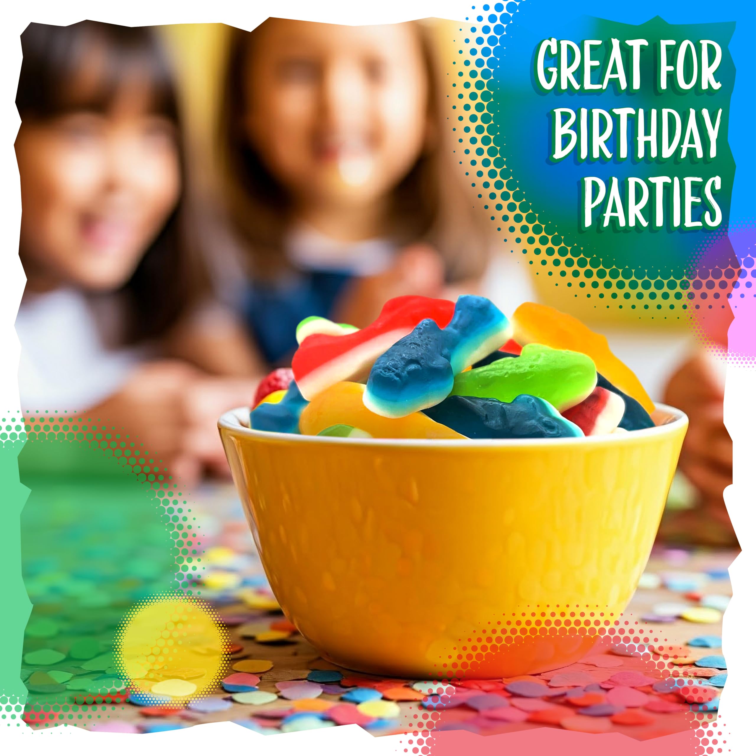 Sunny Island Gummy Sharks vivid colors, eye-catching anytime snack.
