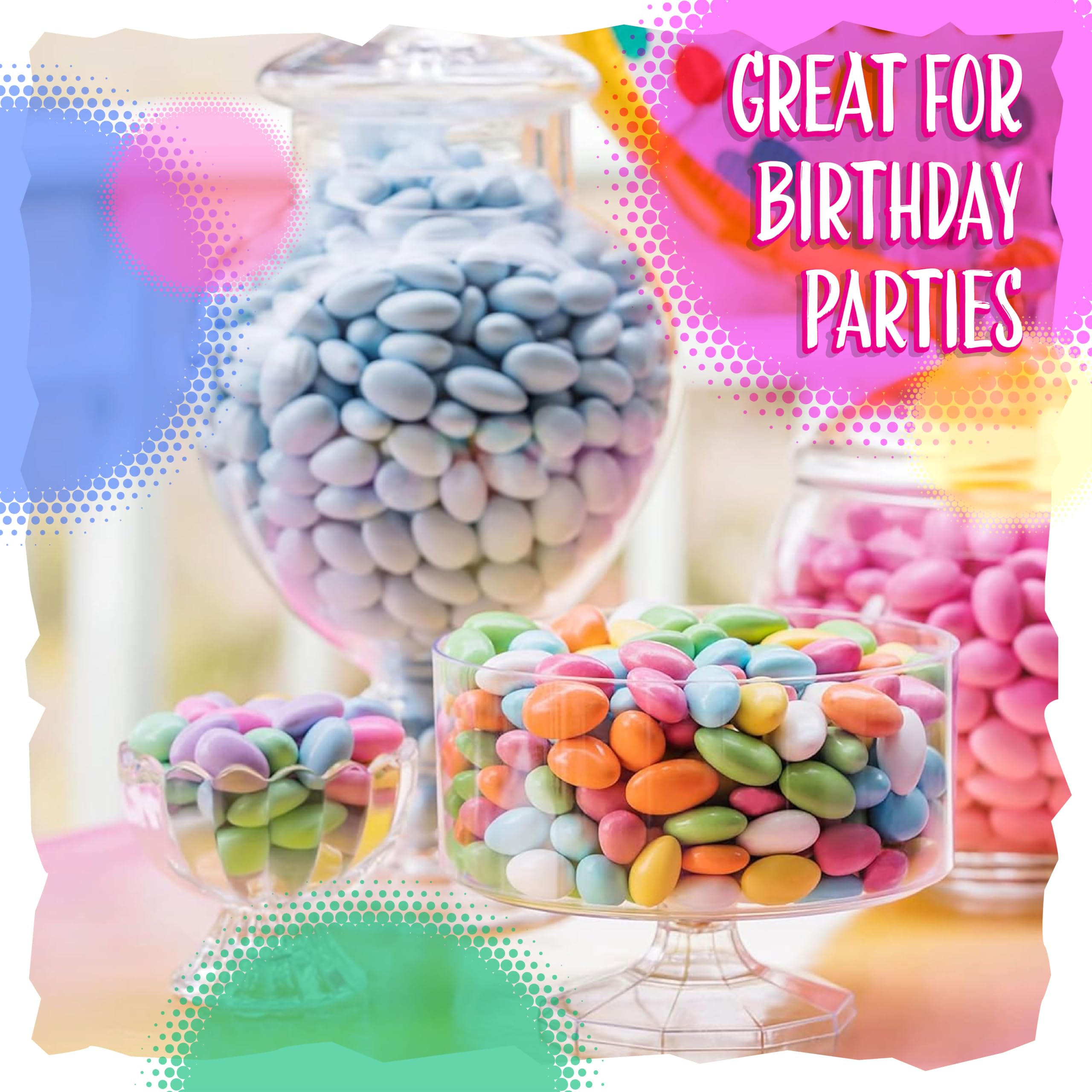 Sunny Island Jordan Almonds wedding-favor spread on pastel tables