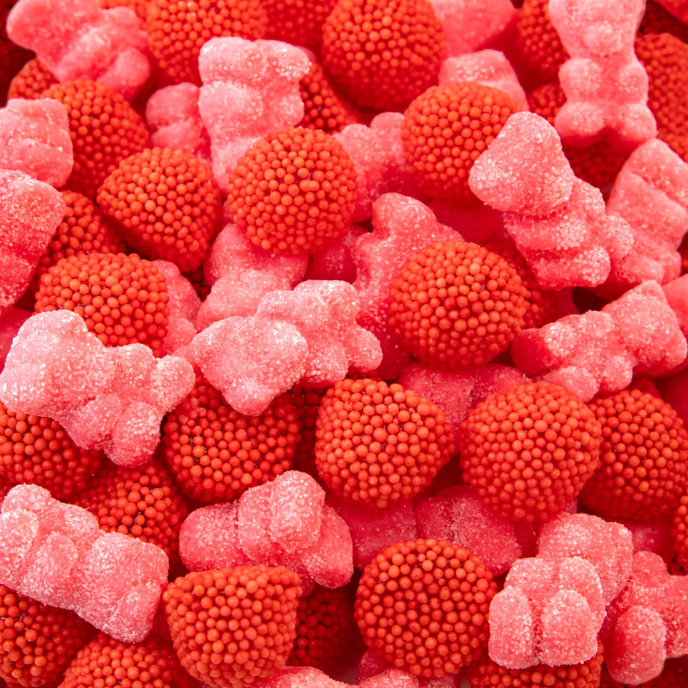 Sunny Island Pink Gummi Bears front bag showcases vibrant candy for party favors.