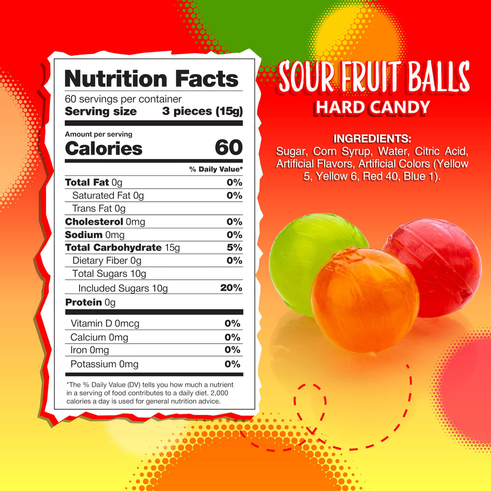 Sunny Island Sour Balls assorted fruit flavors in glossy, colorful pieces.
