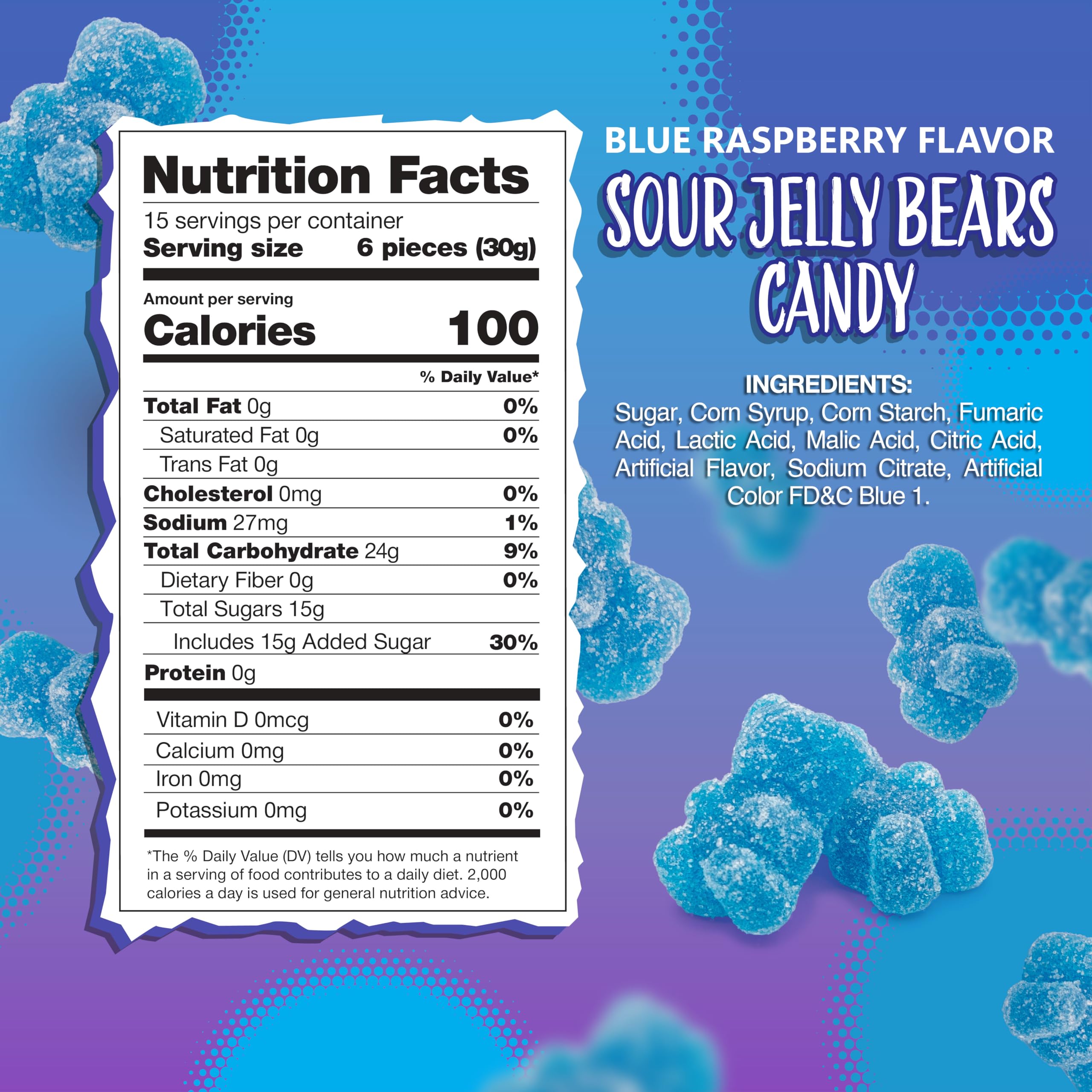 Close-up of Sunny Island Sour Bears blue raspberry gummies with glossy coating