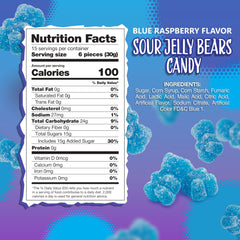Close-up of Sunny Island Sour Bears blue raspberry gummies with glossy coating