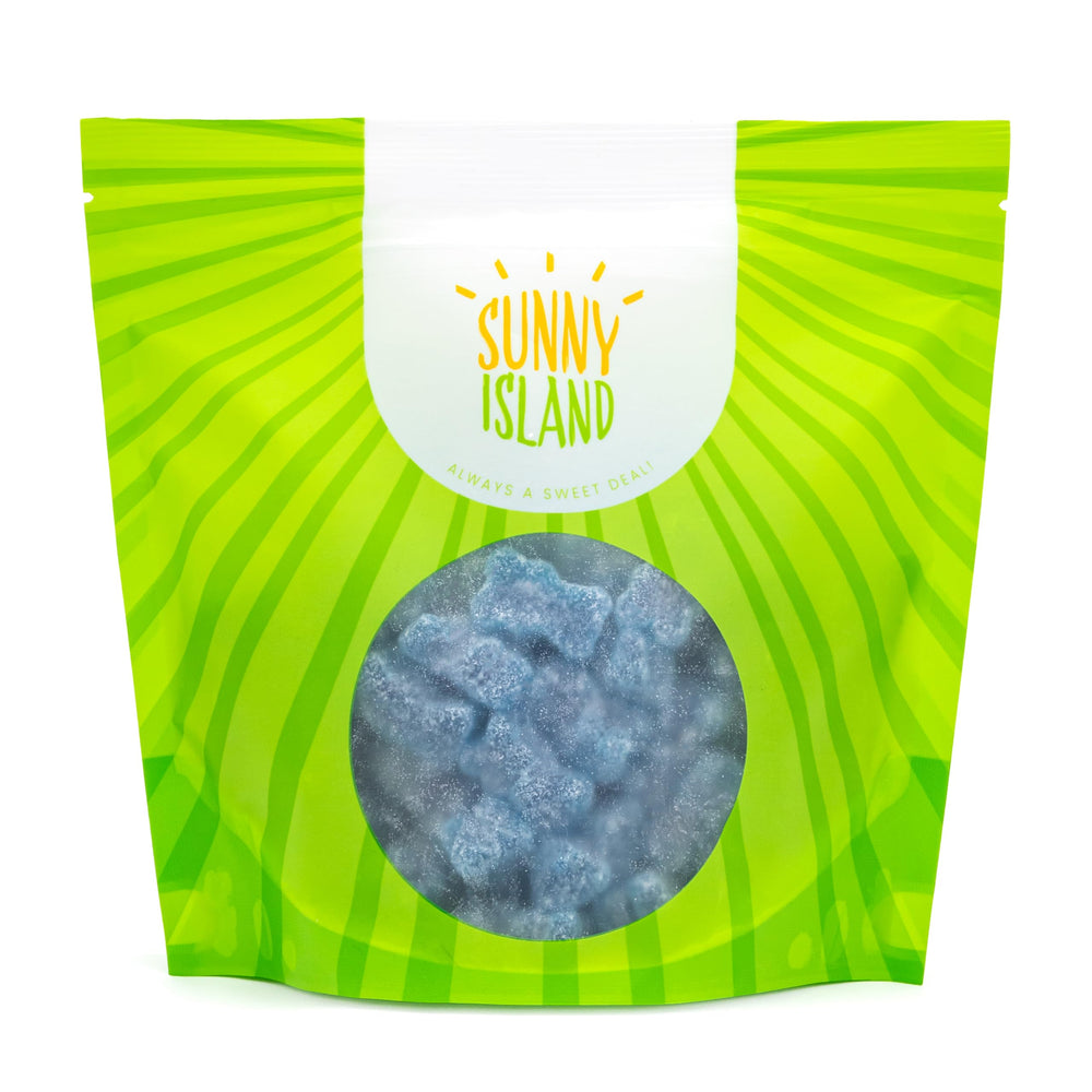 Soft, chewy texture of Sunny Island Sour Bears blue gummies