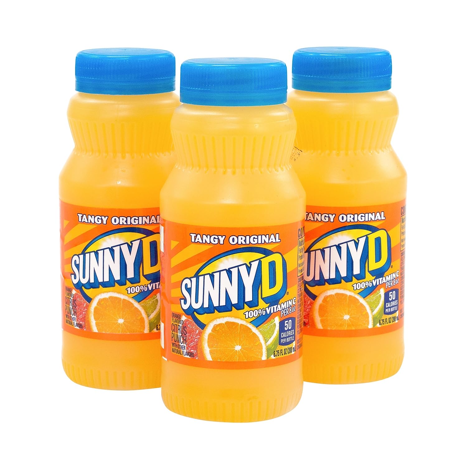 Close-up of SunnyD 6.75 oz bottle with vitamin C label.