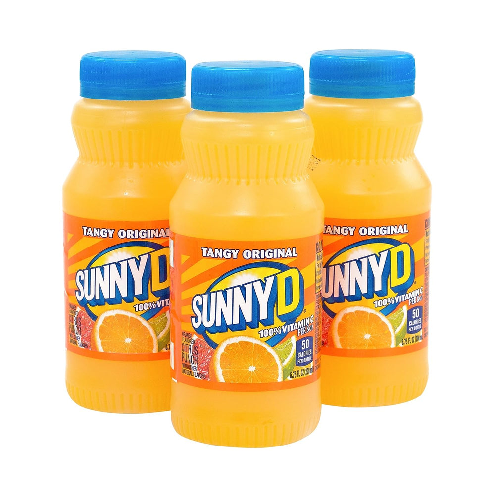 Close-up of SunnyD 6.75 oz bottle with vitamin C label.