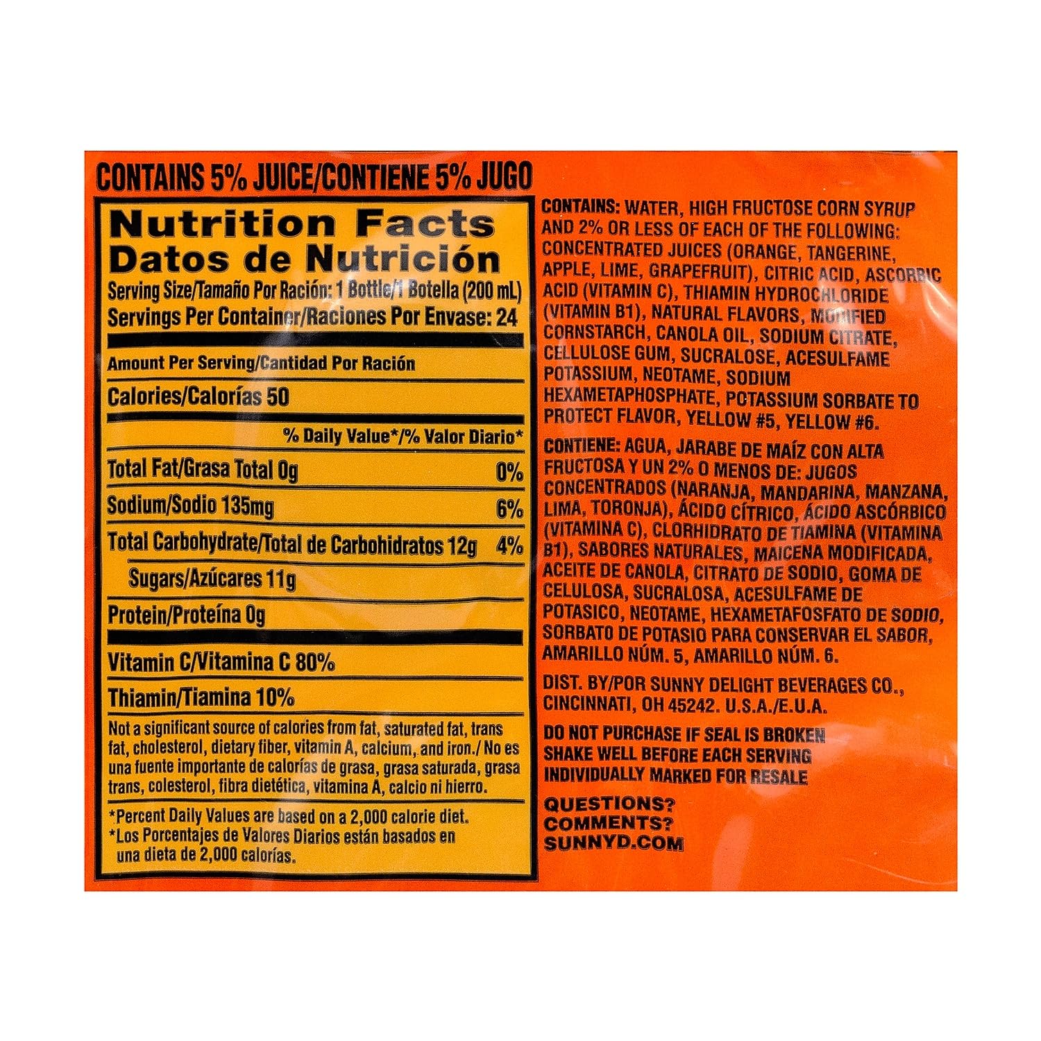SunnyD tangy original orange packaging highlights a 24-pack value.