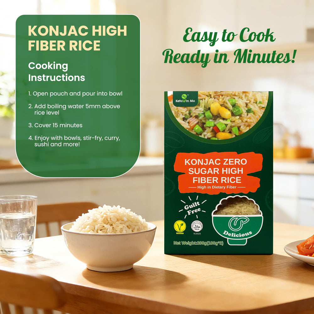 Keto-friendly plate demonstrates how Sunnyside Konnyaku Rice can fit keto menus
