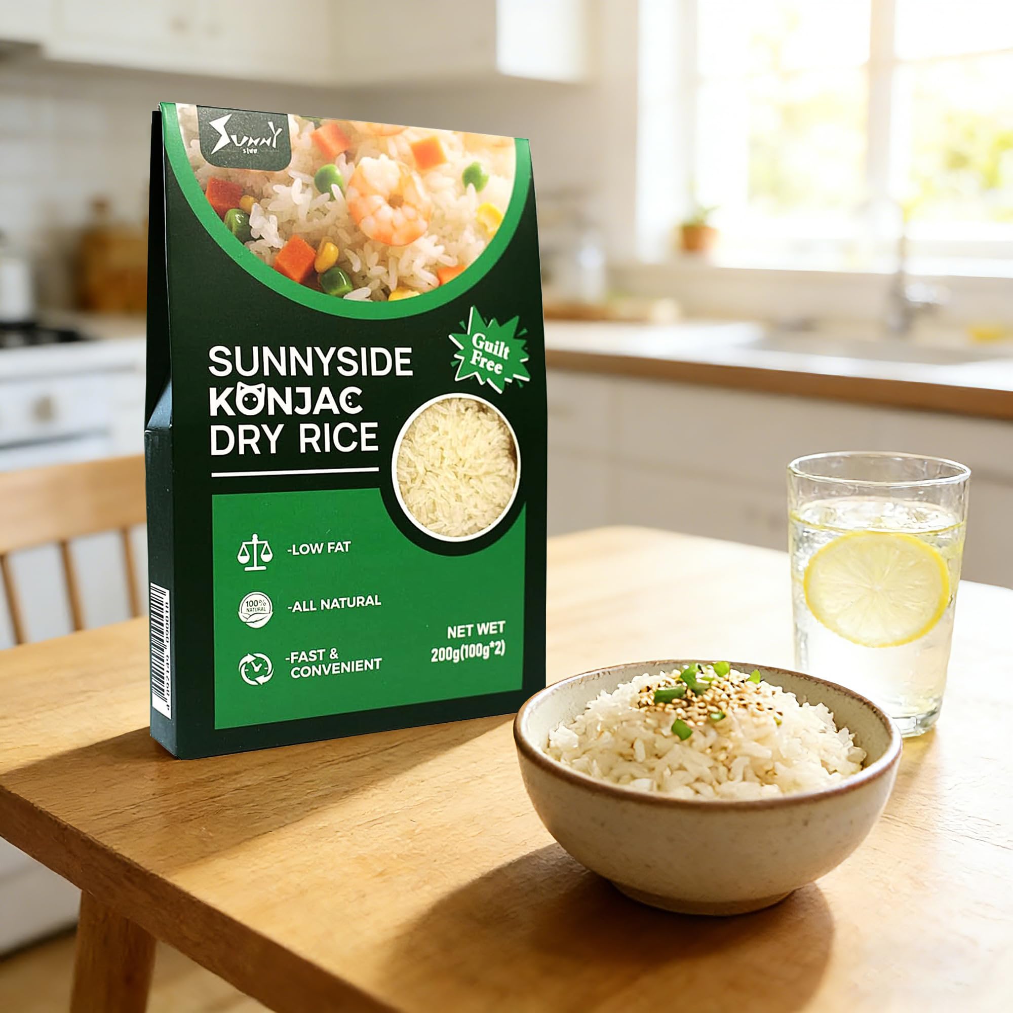 Sunnyside Konnyaku Shirataki Rice side view in package.