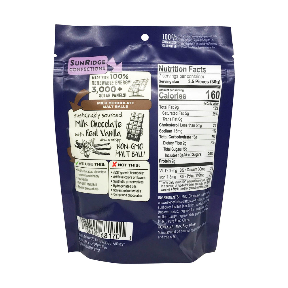 SunRidge Farms Milk Chocolate Malt Balls bag with resealable opening for freshness.