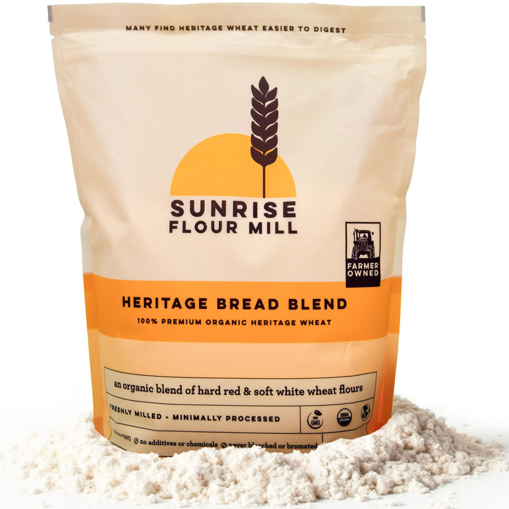 Sunrise Flour Mill heritage bread flour pack with high protein blend for airy loaves.