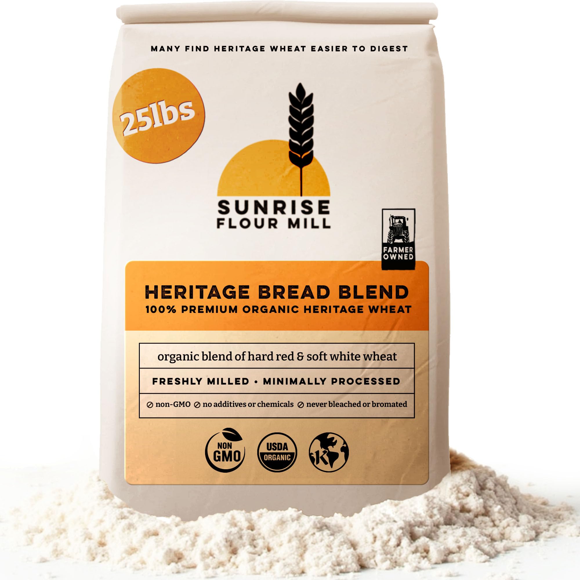 Sunrise Flour Mill Heritage Organic Bread Flour bag shows high-protein blend for airy loaves