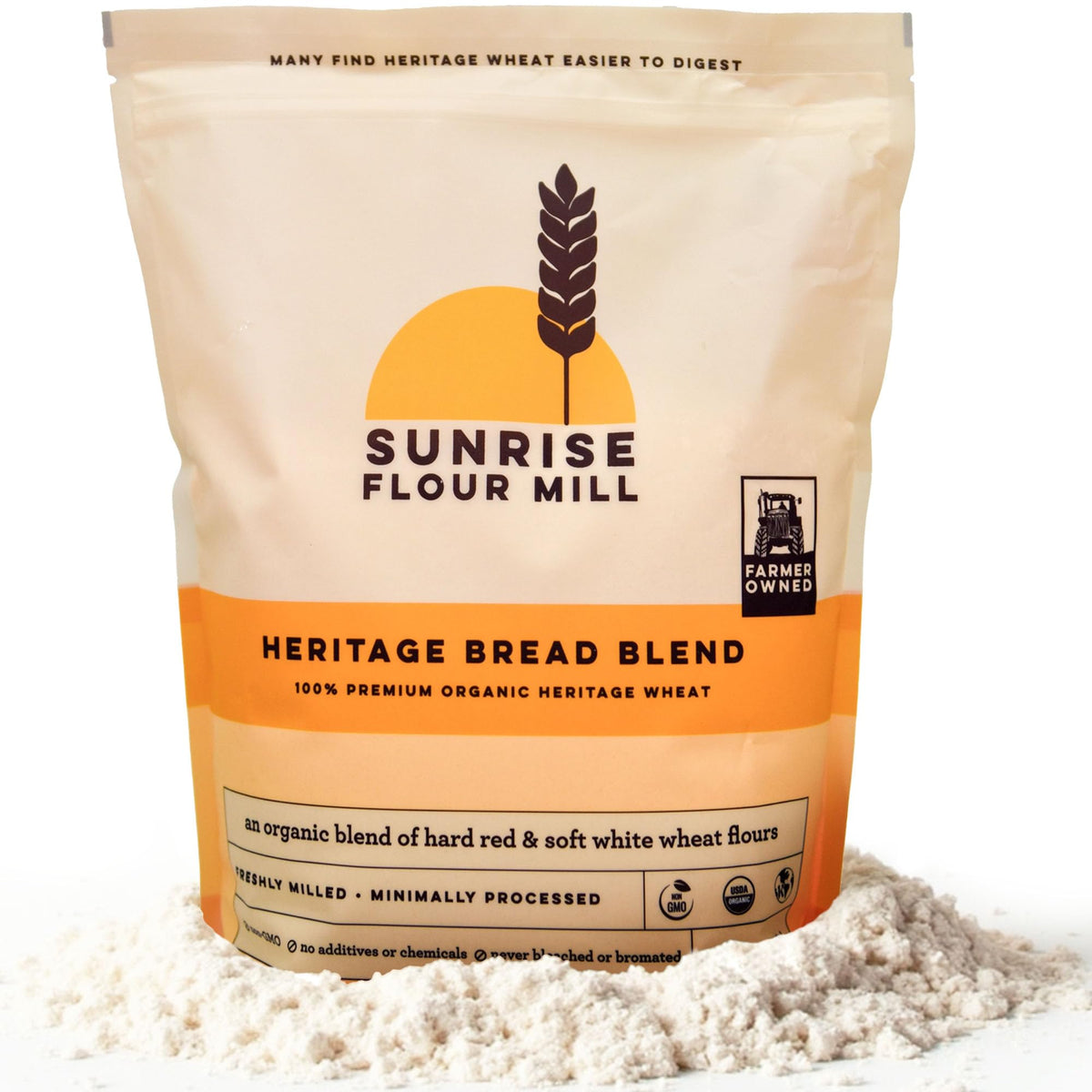 Sunrise Flour Mill Heritage Organic Bread Flour Blend packaging showing a 2 lb bag for bakers