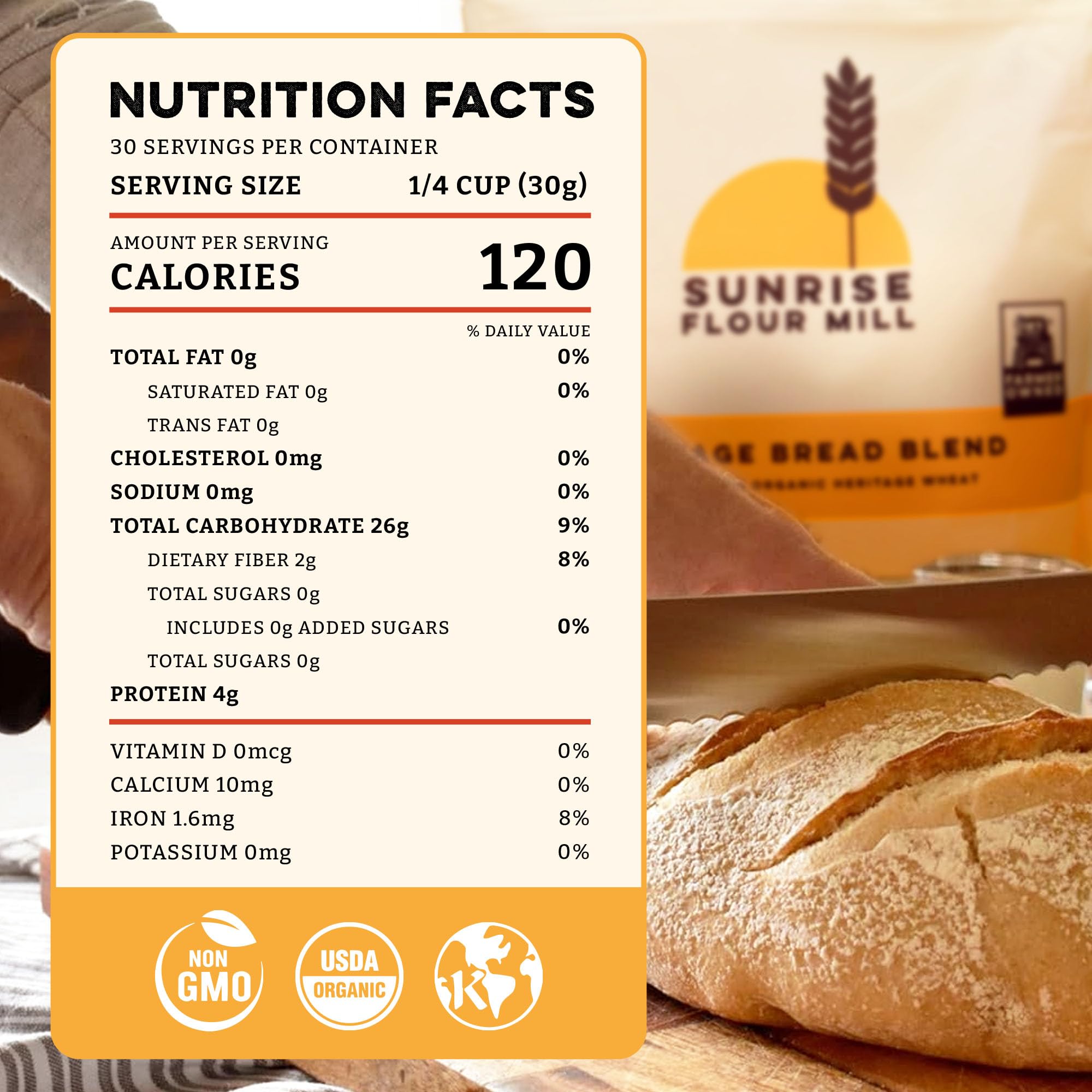 Sunrise Flour Mill Heritage Organic Bread Flour Blend closeup on bag label highlighting unbleached heritage wheat