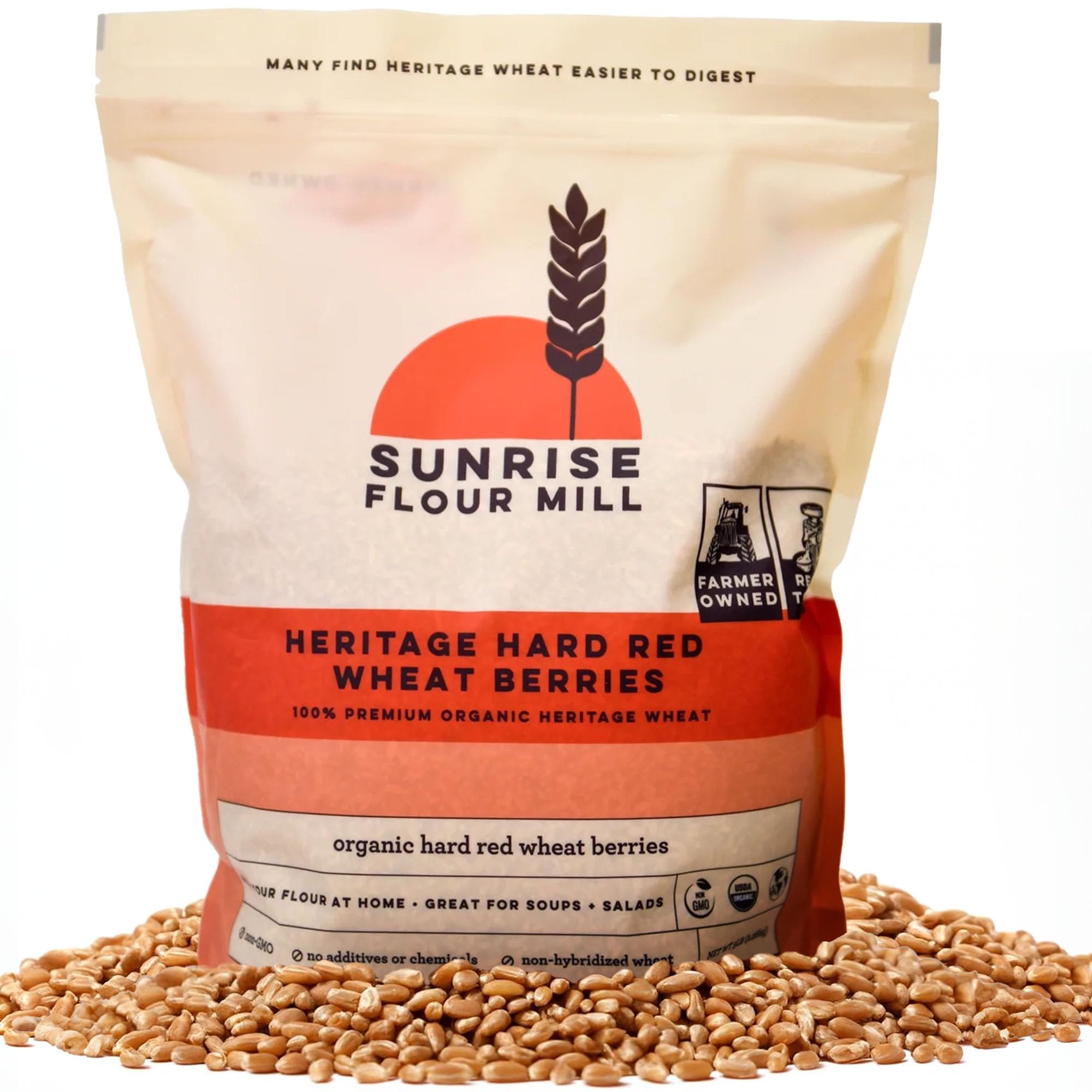 Sunrise Flour Mill heritage Turkey Red wheat berries in a jar for milling.