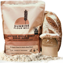 Sunrise Flour Mill heritage bread flour bag showing 5 lb size for rustic loaves and sandwiches
