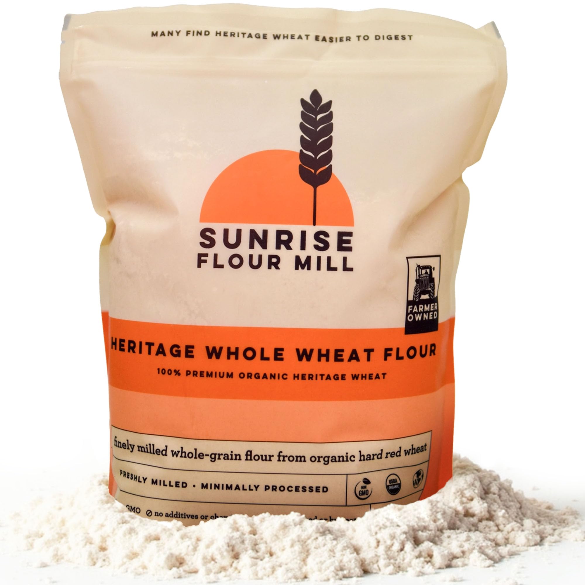 Sunrise Flour Mill heritage-wheat-flour-bag highlights smoother digestion and rich nutty aroma.