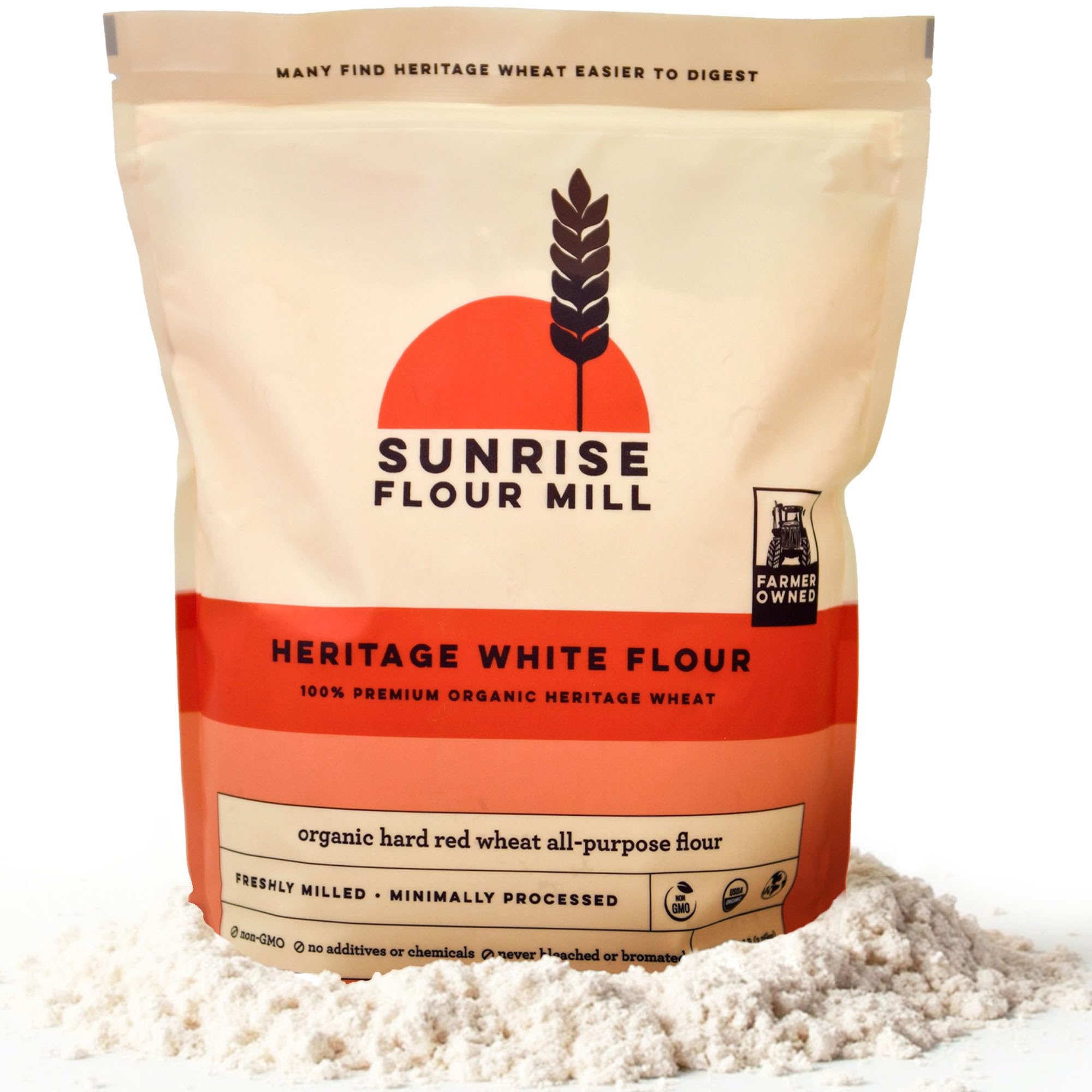 Sunrise Flour Mill heritage white flour bag for fresh, wholesome baking