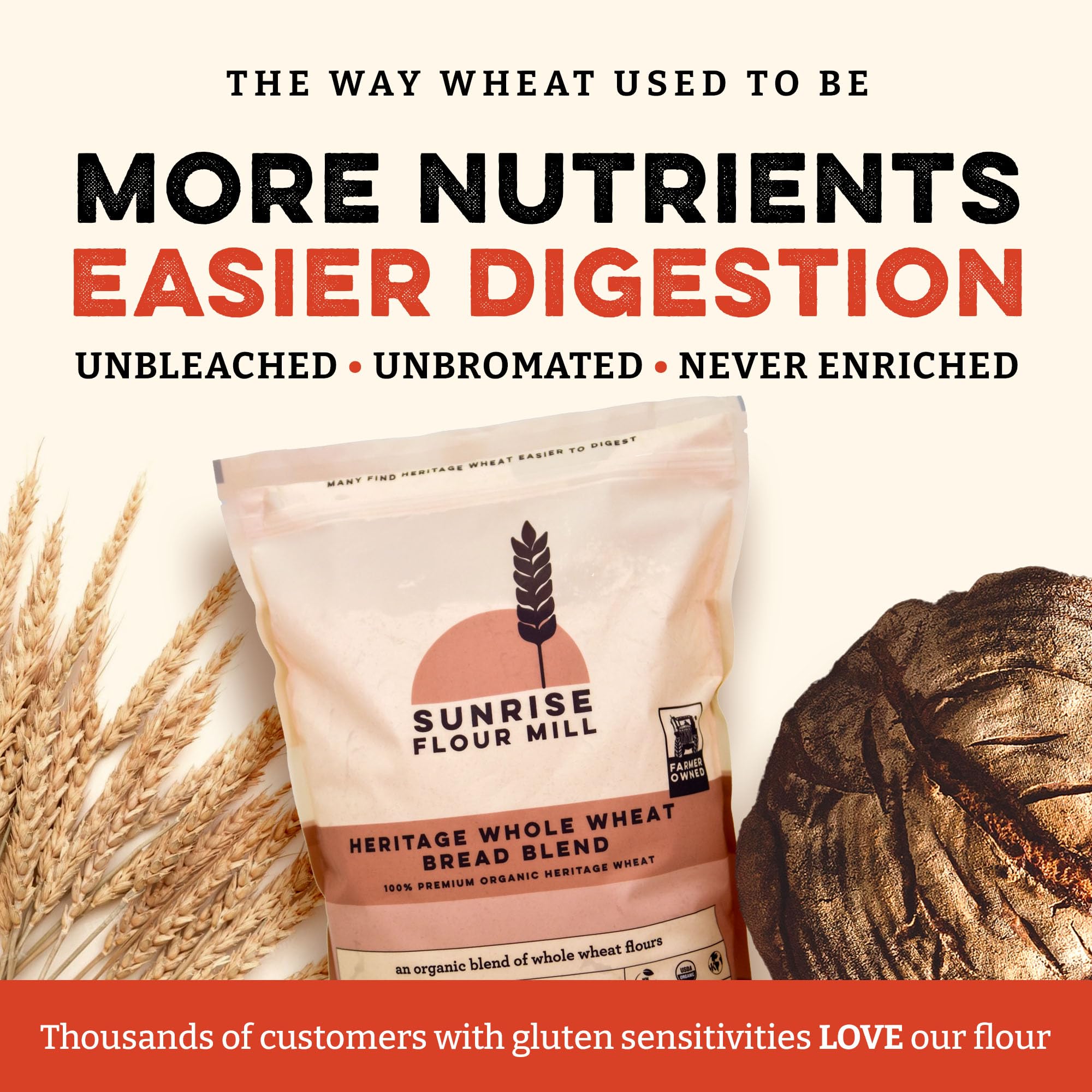 Sunrise Flour Mill organic all-purpose flour bag on kitchen counter