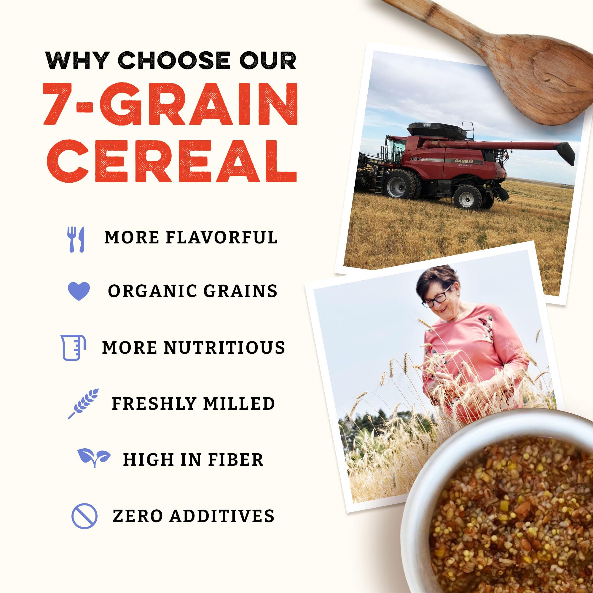 Sunrise Flour Mill 7-Grain mix in a serving bowl highlighting sugar-free nutrition.