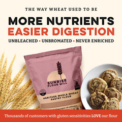 Sunrise Flour Mill unifine milling label emphasizes ultra-fine flour ideal for lofty muffins and pies.