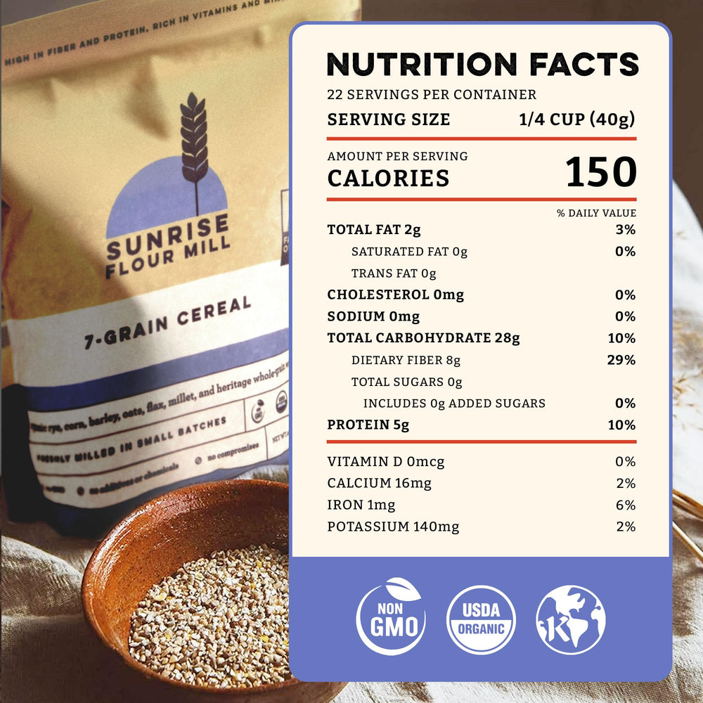 Sunrise Flour Mill Organic 7-Grain porridge pack ready for quick cozy mornings.