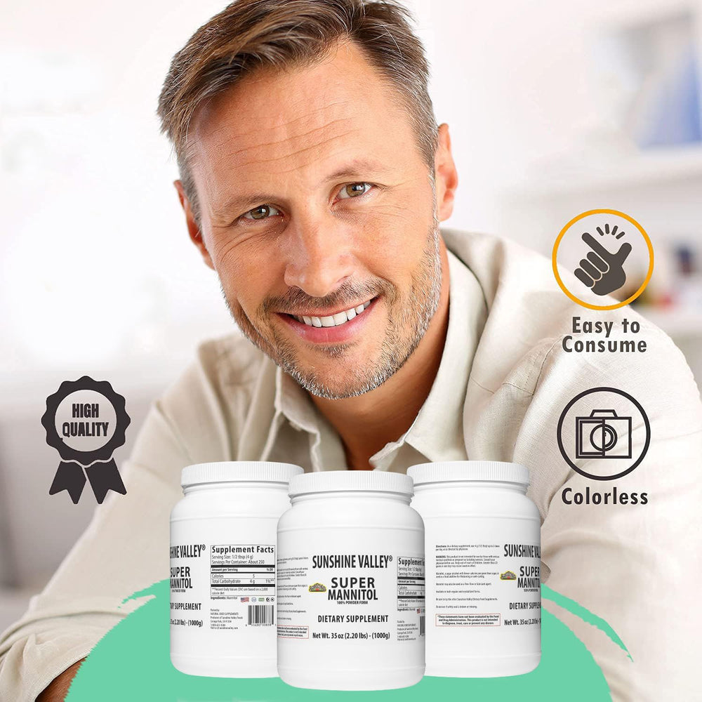 Sunshine Valley Mannitol Powder fine free-flow texture for easy measuring.