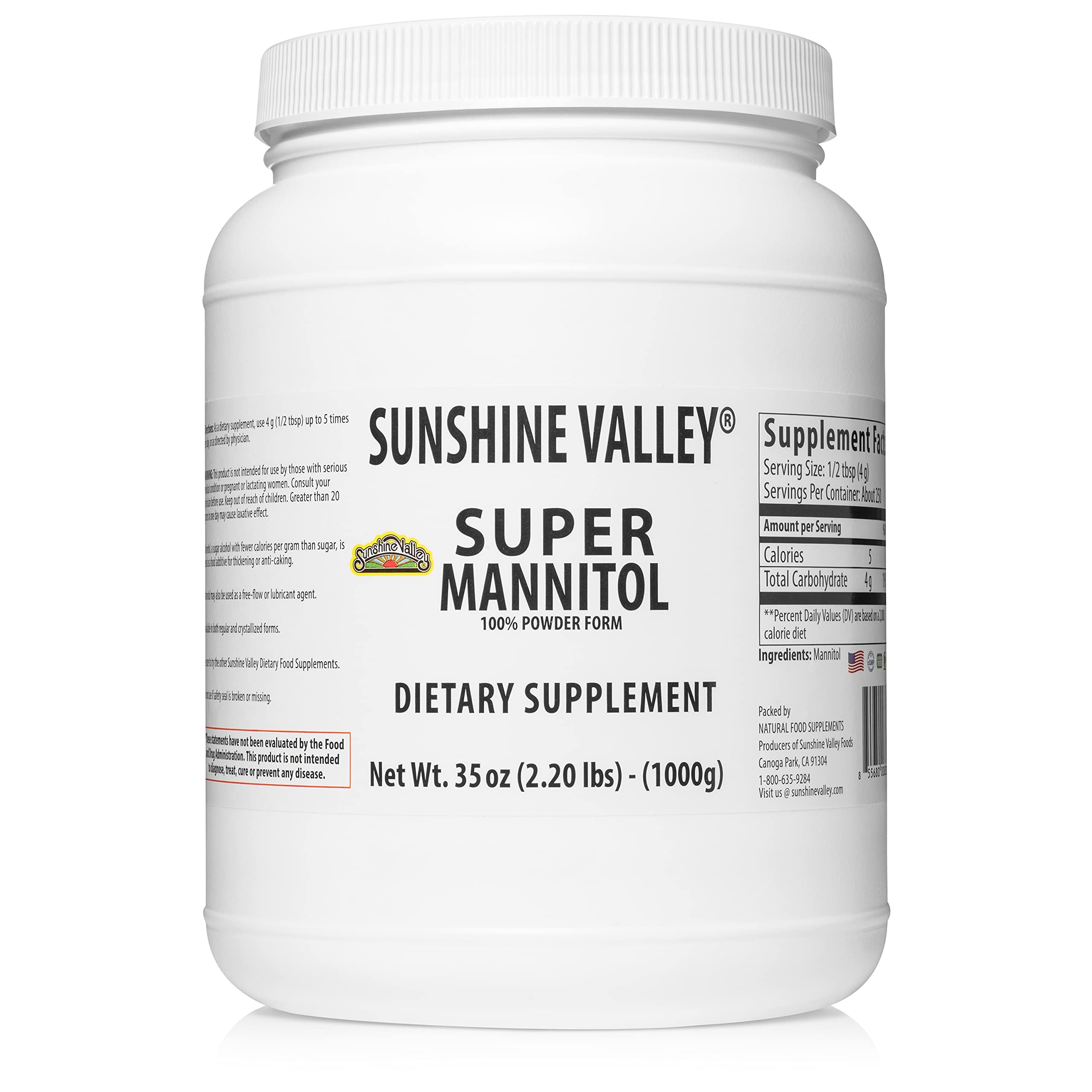 Sunshine Valley Mannitol Powder packaging highlights a sugar-free vegan sweetener.