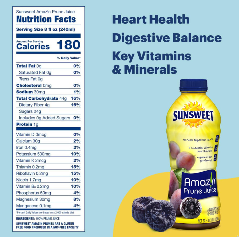 Sunsweet Amazin Prune Juice label close-up showing no added sugar and 100% juice