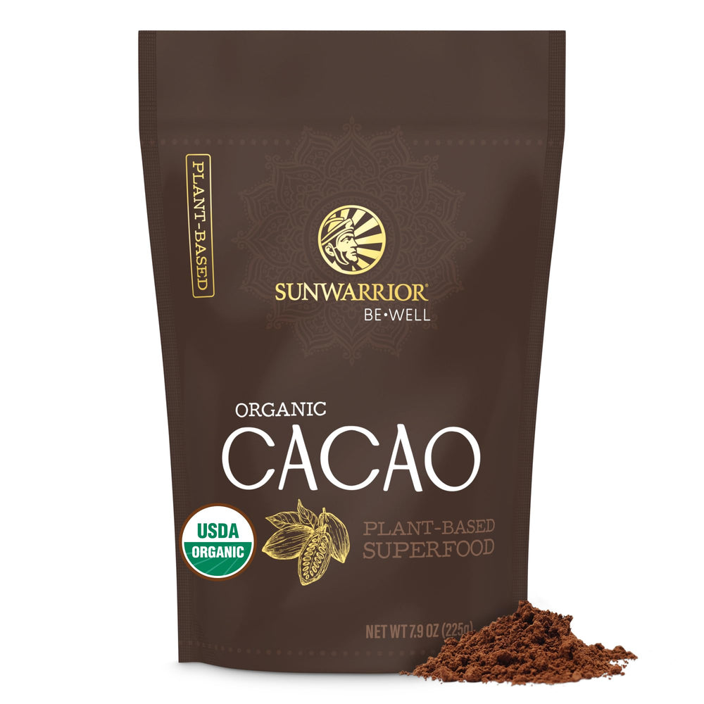 Sunwarrior Pure Cacao Powder in a glass jar, organic unsweetened and ideal for baking.