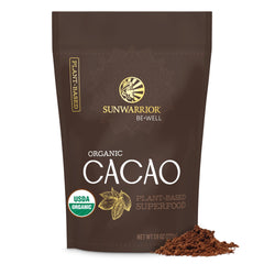Sunwarrior Pure Cacao Powder in a glass jar, organic unsweetened and ideal for baking.