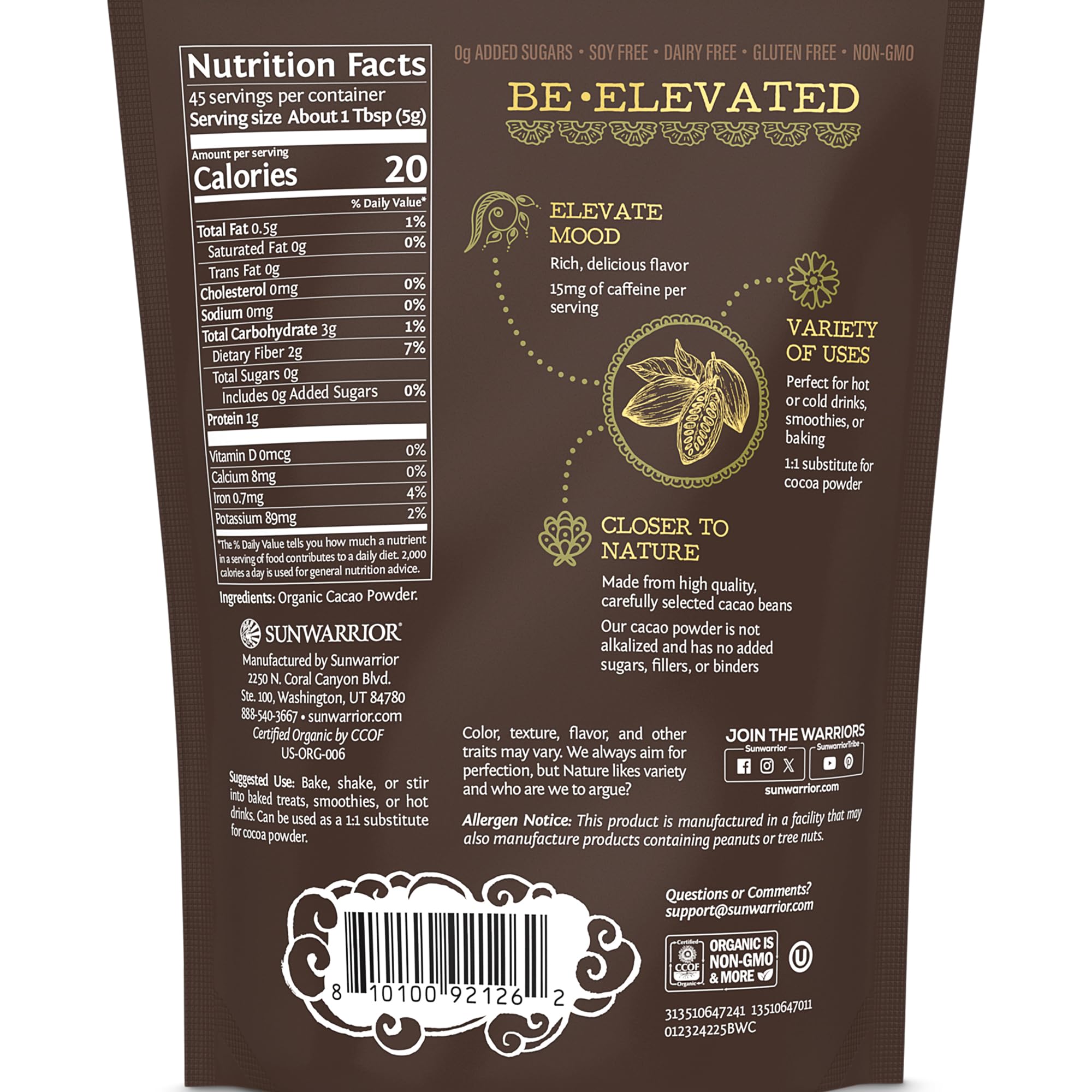 Sunwarrior Pure Cacao Powder poured from the jar, Peru origin focus.