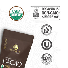 Sunwarrior Pure Cacao Powder in a bowl ready for baking or mixing.