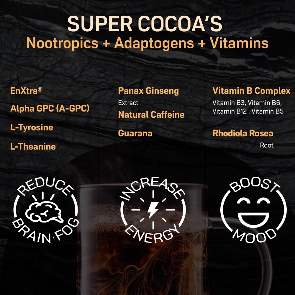 Super Cocoa coffee alternative powder closeup showing creamy texture.