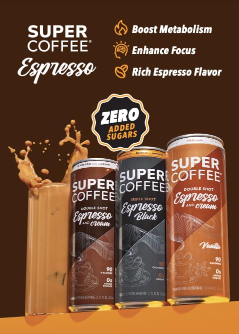 Super Coffee Espresso close-up shot emphasizes bold espresso and 180mg caffeine.